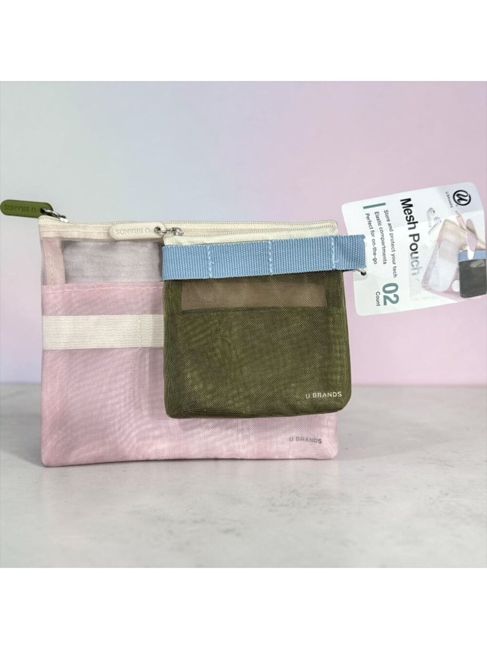 U Brands 2-Pack Mesh Pouches Pink & Green For Organizing Tech Accessories & Esse